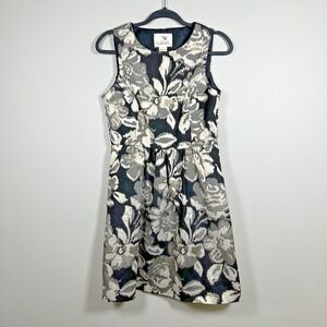 Tabitha Size 6 FitFlare Dress Black SilverGold Sleeveless Floral Jacquard Pocket